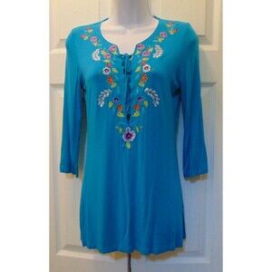 Boston Proper Embroidered Floral Tunic XS 3/4 Sleeve Front Lace-up Turquise/Blue